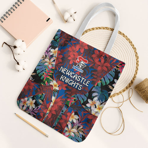 Newcastle Knights Tote Bag Tropical Hibiscus Floral Pattern With Blue And Red Accents