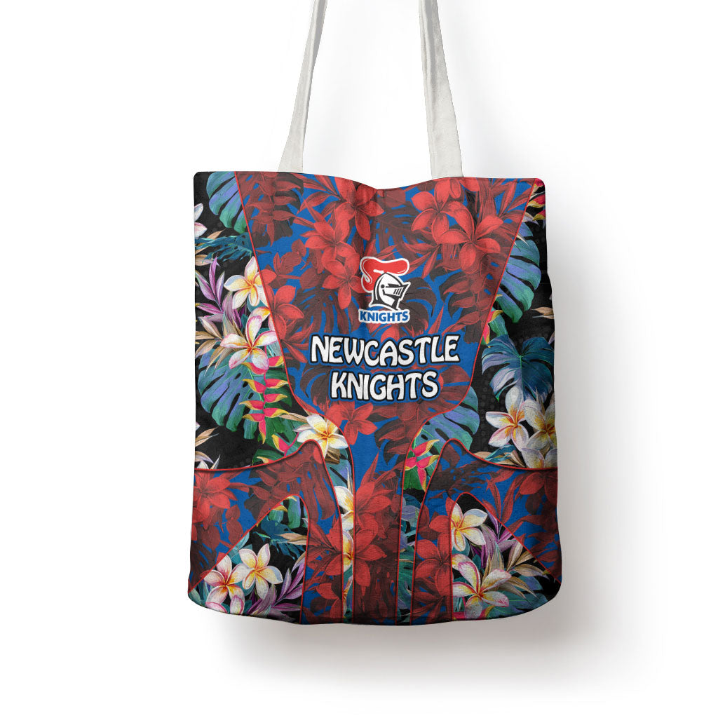 Newcastle Knights Tote Bag Tropical Hibiscus Floral Pattern With Blue And Red Accents