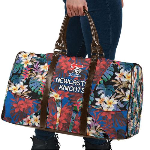 Newcastle Knights Travel Bag Tropical Hibiscus Floral Pattern With Blue And Red Accents
