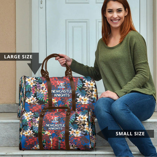 Newcastle Knights Travel Bag Tropical Hibiscus Floral Pattern With Blue And Red Accents