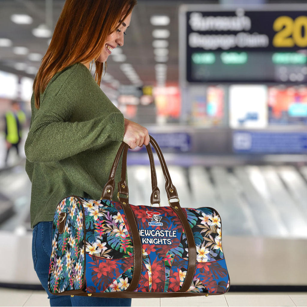 Newcastle Knights Travel Bag Tropical Hibiscus Floral Pattern With Blue And Red Accents