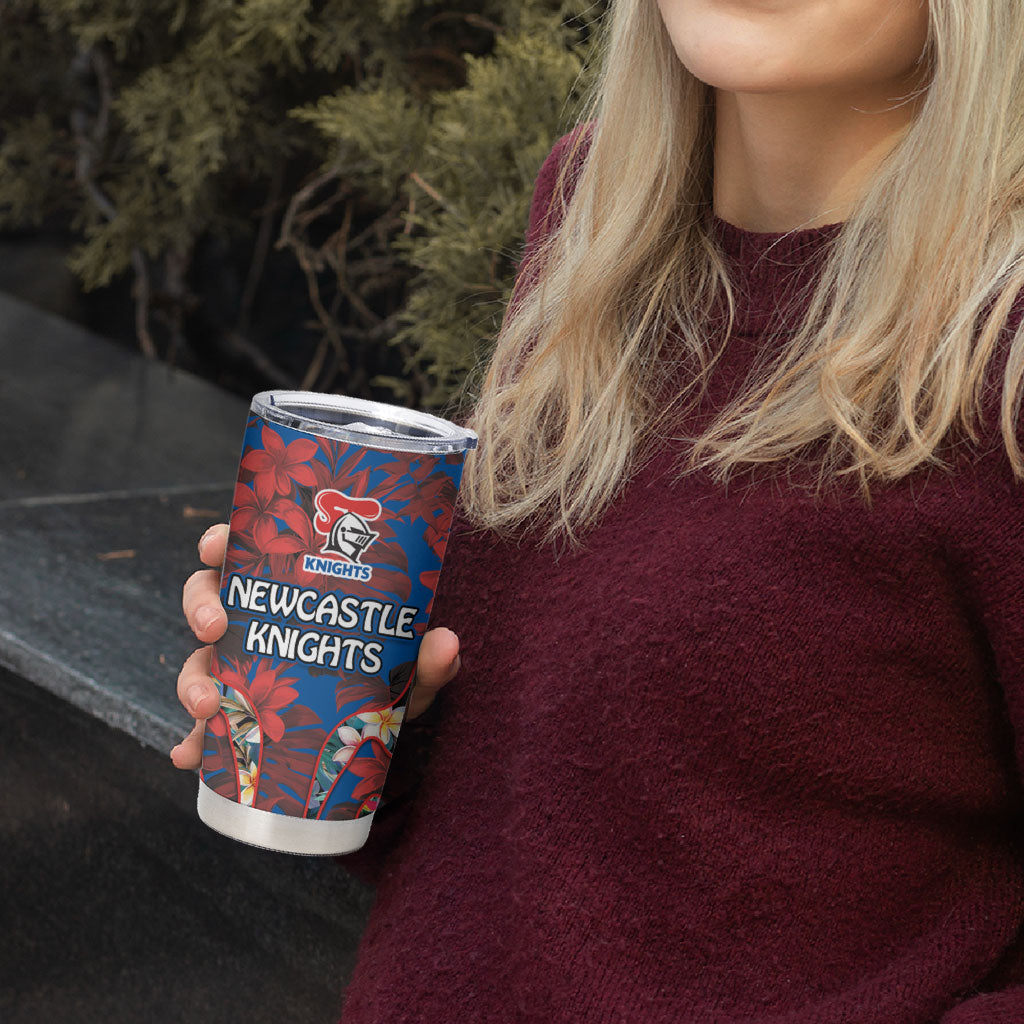 Newcastle Knights Tumbler Cup Tropical Hibiscus Floral Pattern With Blue And Red Accents
