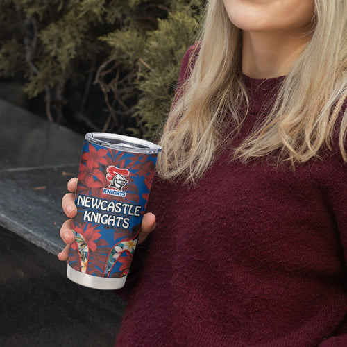 Newcastle Knights Tumbler Cup Tropical Hibiscus Floral Pattern With Blue And Red Accents