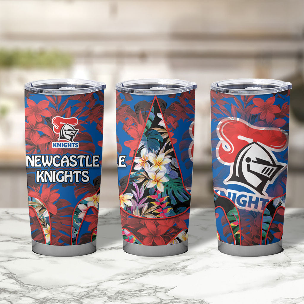 Newcastle Knights Tumbler Cup Tropical Hibiscus Floral Pattern With Blue And Red Accents