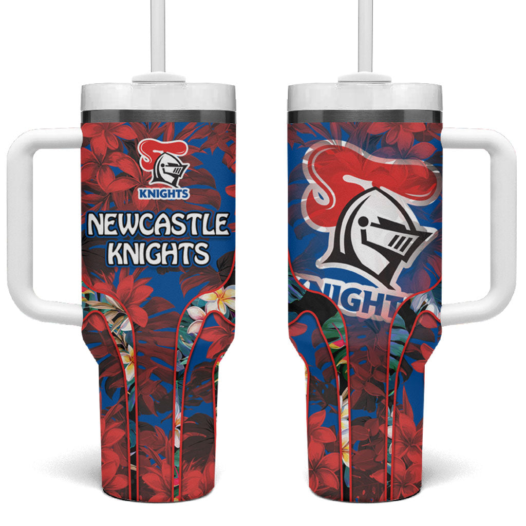 Newcastle Knights Tumbler With Handle Tropical Hibiscus Floral Pattern With Blue And Red Accents