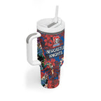 Newcastle Knights Tumbler With Handle Tropical Hibiscus Floral Pattern With Blue And Red Accents