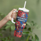 Newcastle Knights Tumbler With Handle Tropical Hibiscus Floral Pattern With Blue And Red Accents