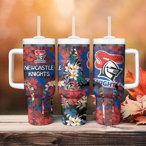 Newcastle Knights Tumbler With Handle Tropical Hibiscus Floral Pattern With Blue And Red Accents