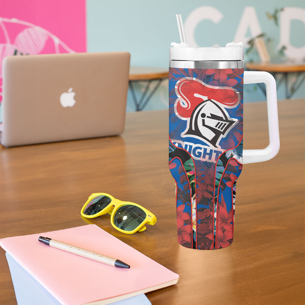 Newcastle Knights Tumbler With Handle Tropical Hibiscus Floral Pattern With Blue And Red Accents