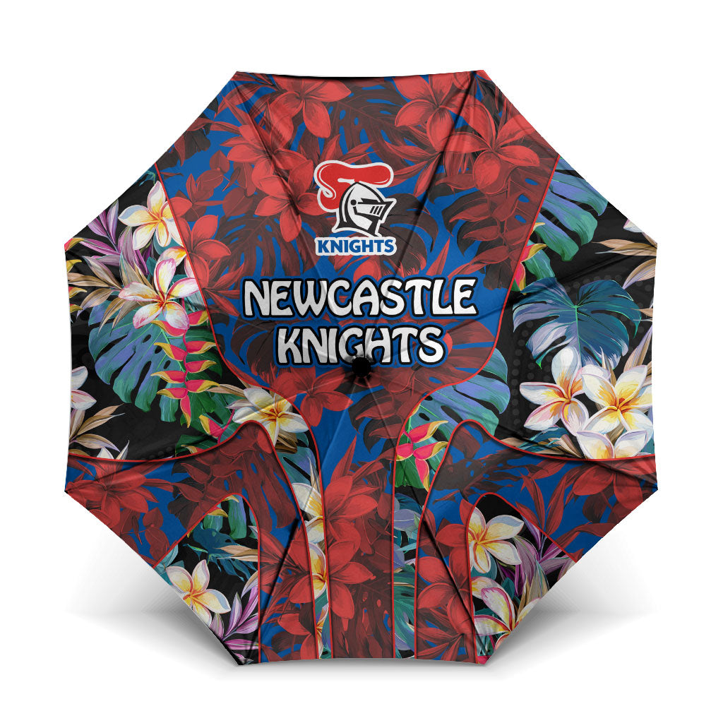 Newcastle Knights Umbrella Tropical Hibiscus Floral Pattern With Blue And Red Accents