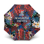 Newcastle Knights Umbrella Tropical Hibiscus Floral Pattern With Blue And Red Accents