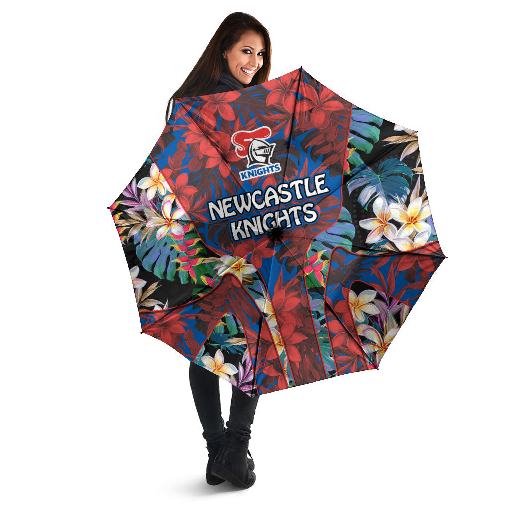 Newcastle Knights Umbrella Tropical Hibiscus Floral Pattern With Blue And Red Accents