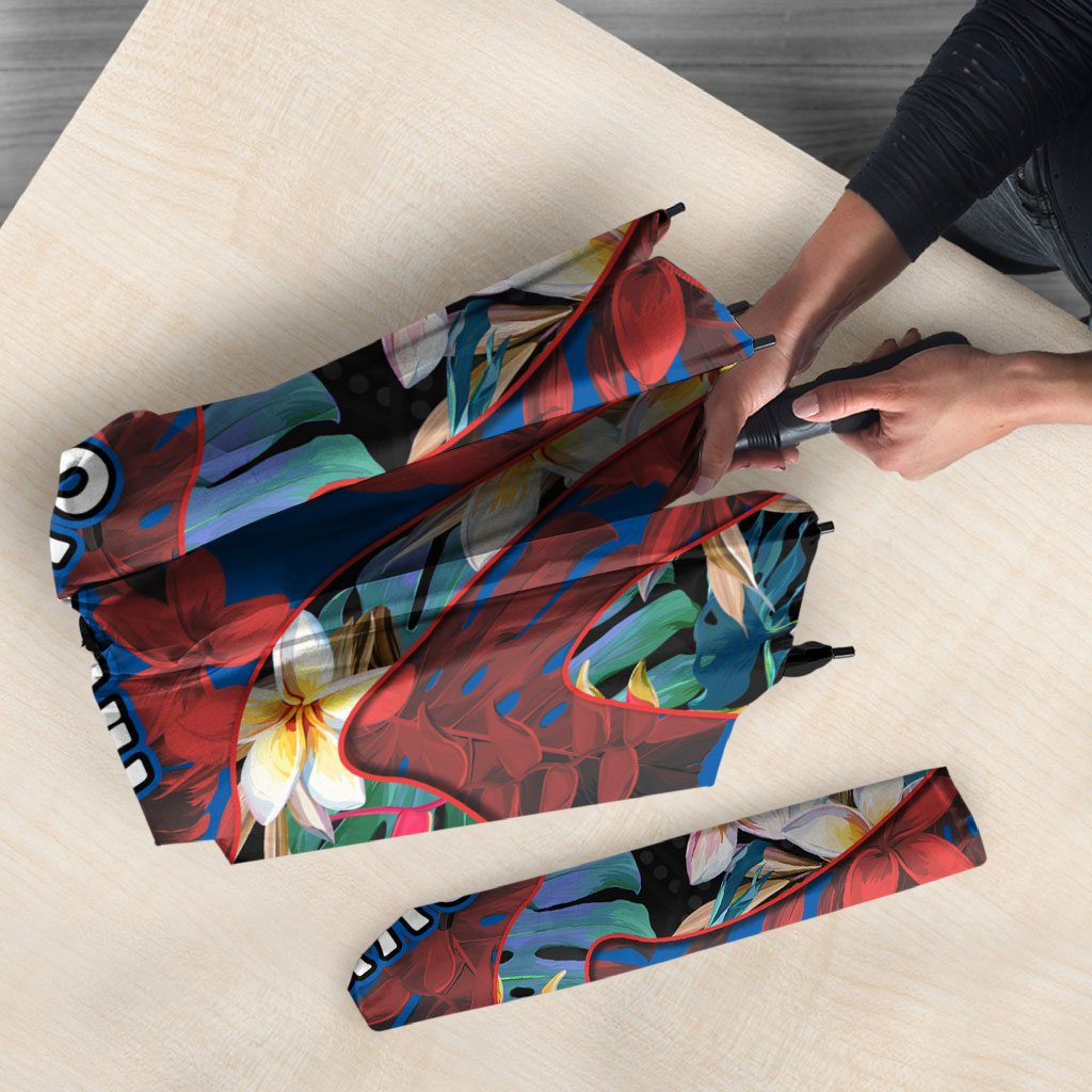 Newcastle Knights Umbrella Tropical Hibiscus Floral Pattern With Blue And Red Accents