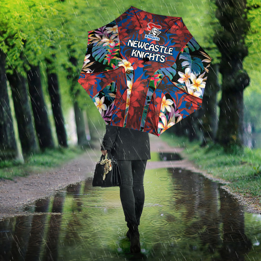 Newcastle Knights Umbrella Tropical Hibiscus Floral Pattern With Blue And Red Accents