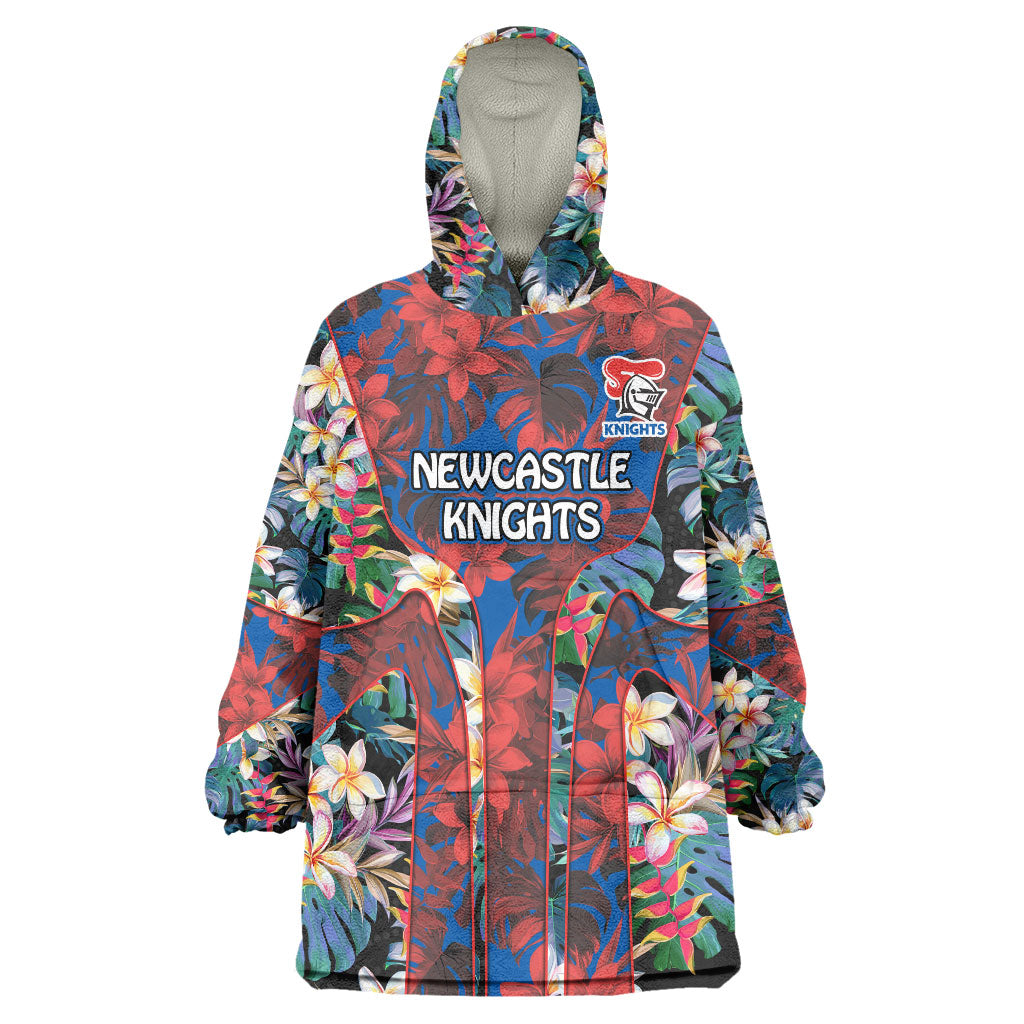 Newcastle Knights Wearable Blanket Hoodie Tropical Hibiscus Floral Pattern With Blue And Red Accents