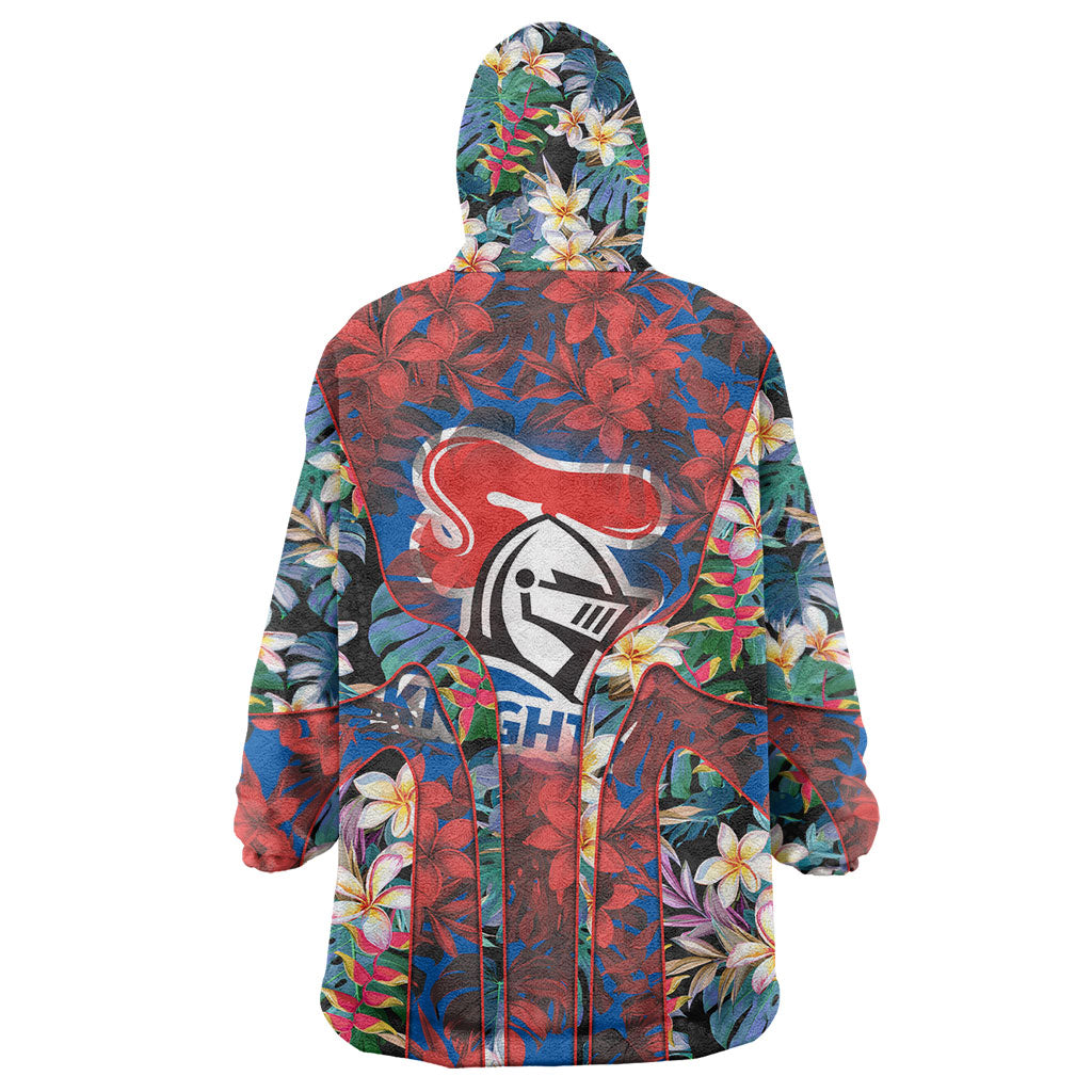 Newcastle Knights Wearable Blanket Hoodie Tropical Hibiscus Floral Pattern With Blue And Red Accents