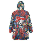 Newcastle Knights Wearable Blanket Hoodie Tropical Hibiscus Floral Pattern With Blue And Red Accents