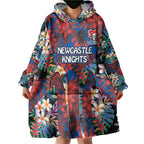 Newcastle Knights Wearable Blanket Hoodie Tropical Hibiscus Floral Pattern With Blue And Red Accents