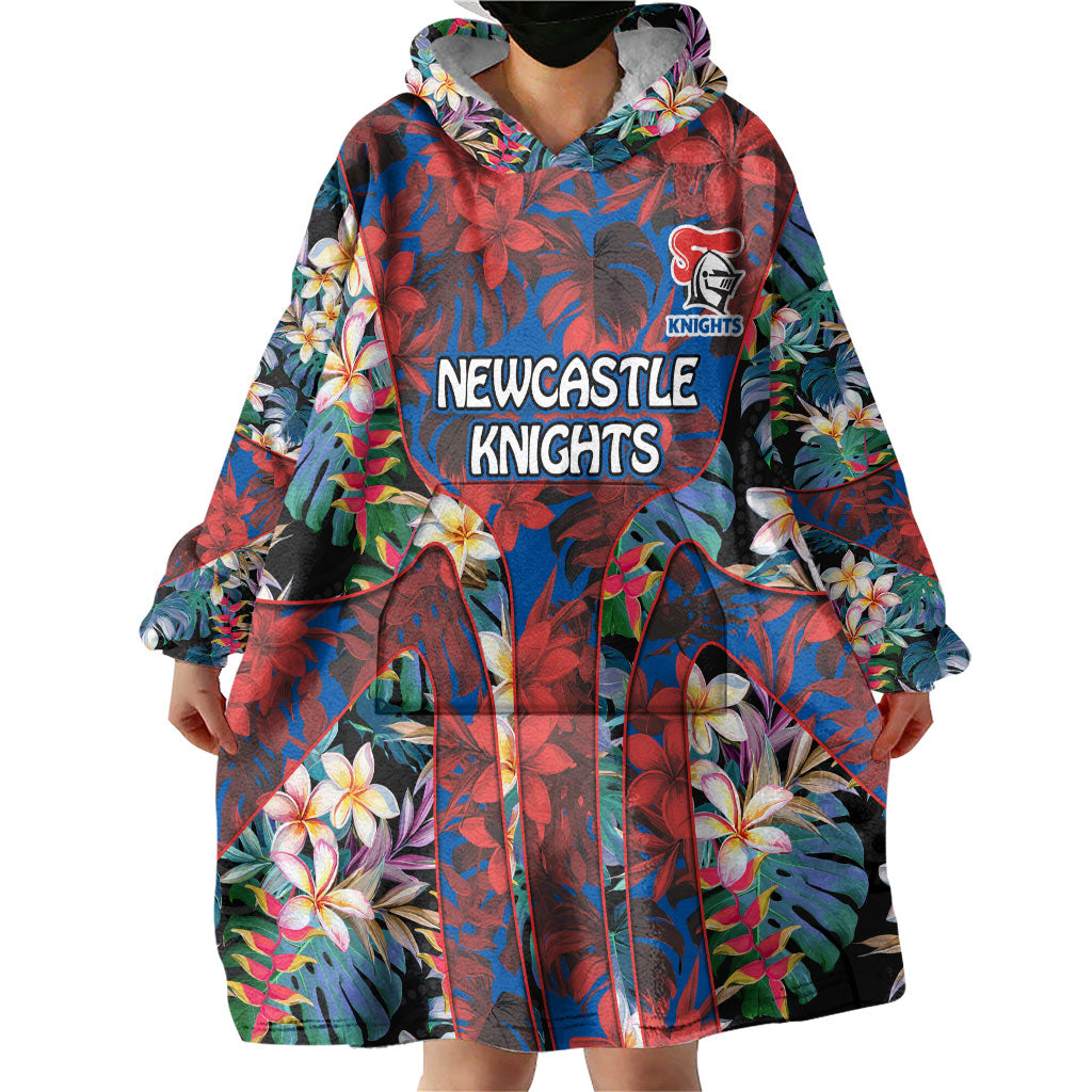 Newcastle Knights Wearable Blanket Hoodie Tropical Hibiscus Floral Pattern With Blue And Red Accents