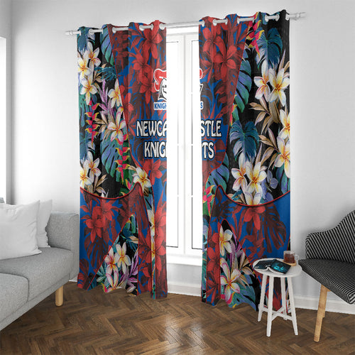 Newcastle Knights Window Curtain Tropical Hibiscus Floral Pattern With Blue And Red Accents