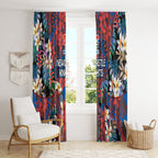 Newcastle Knights Window Curtain Tropical Hibiscus Floral Pattern With Blue And Red Accents