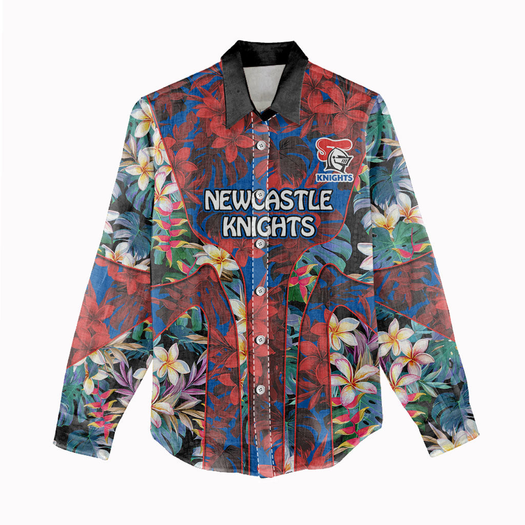 Newcastle Knights Women Casual Shirt Tropical Hibiscus Floral Pattern With Blue And Red Accents