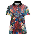 Newcastle Knights Women Polo Shirt Tropical Hibiscus Floral Pattern With Blue And Red Accents