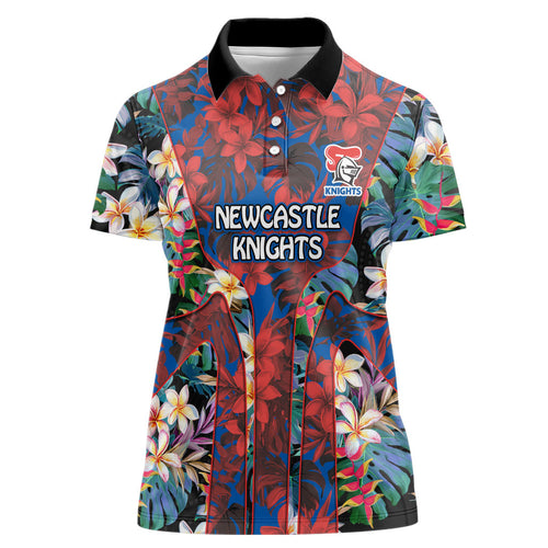 Newcastle Knights Women Polo Shirt Tropical Hibiscus Floral Pattern With Blue And Red Accents