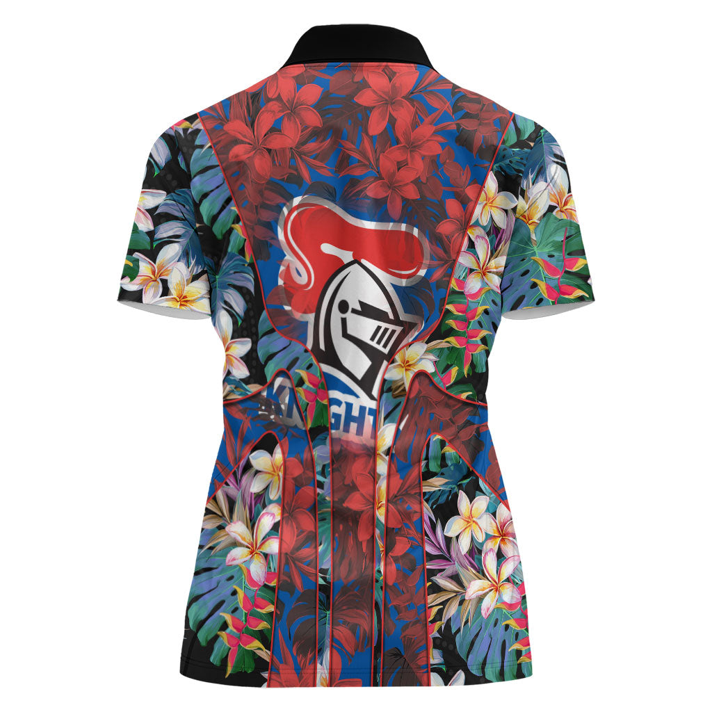 Newcastle Knights Women Polo Shirt Tropical Hibiscus Floral Pattern With Blue And Red Accents