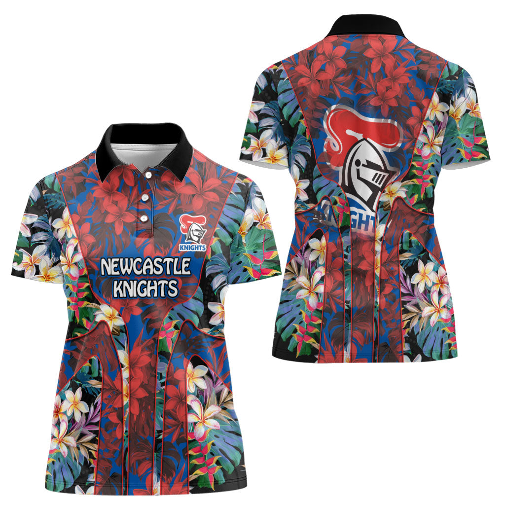 Newcastle Knights Women Polo Shirt Tropical Hibiscus Floral Pattern With Blue And Red Accents