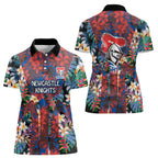 Newcastle Knights Women Polo Shirt Tropical Hibiscus Floral Pattern With Blue And Red Accents