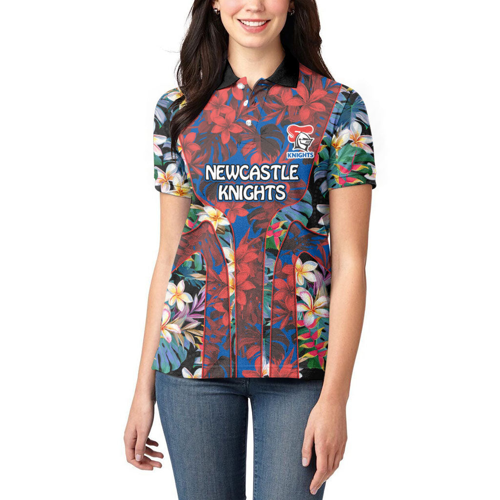 Newcastle Knights Women Polo Shirt Tropical Hibiscus Floral Pattern With Blue And Red Accents