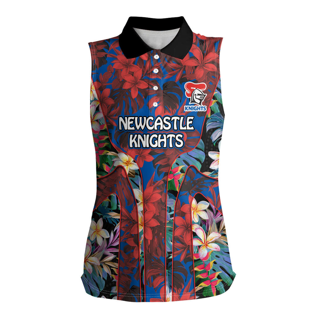 Newcastle Knights Women Sleeveless Polo Shirt Tropical Hibiscus Floral Pattern With Blue And Red Accents
