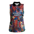 Newcastle Knights Women Sleeveless Polo Shirt Tropical Hibiscus Floral Pattern With Blue And Red Accents