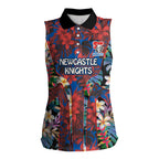 Newcastle Knights Women Sleeveless Polo Shirt Tropical Hibiscus Floral Pattern With Blue And Red Accents