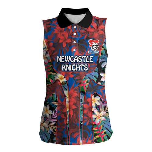 Newcastle Knights Women Sleeveless Polo Shirt Tropical Hibiscus Floral Pattern With Blue And Red Accents