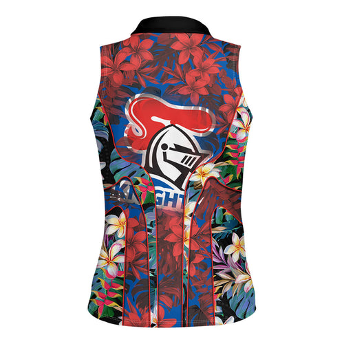Newcastle Knights Women Sleeveless Polo Shirt Tropical Hibiscus Floral Pattern With Blue And Red Accents