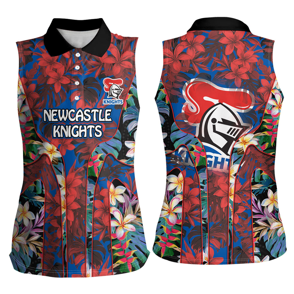 Newcastle Knights Women Sleeveless Polo Shirt Tropical Hibiscus Floral Pattern With Blue And Red Accents