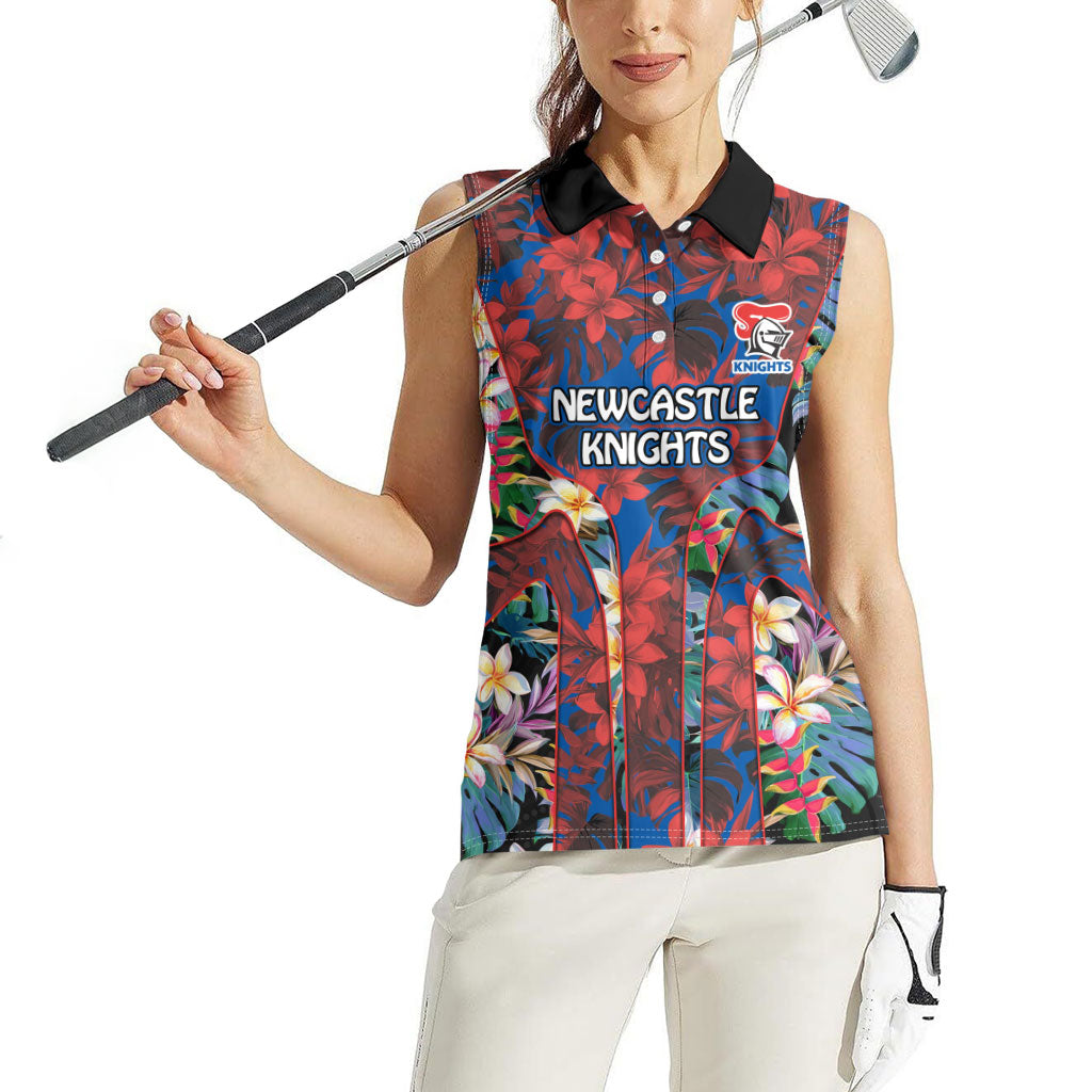 Newcastle Knights Women Sleeveless Polo Shirt Tropical Hibiscus Floral Pattern With Blue And Red Accents