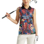 Newcastle Knights Women Sleeveless Polo Shirt Tropical Hibiscus Floral Pattern With Blue And Red Accents