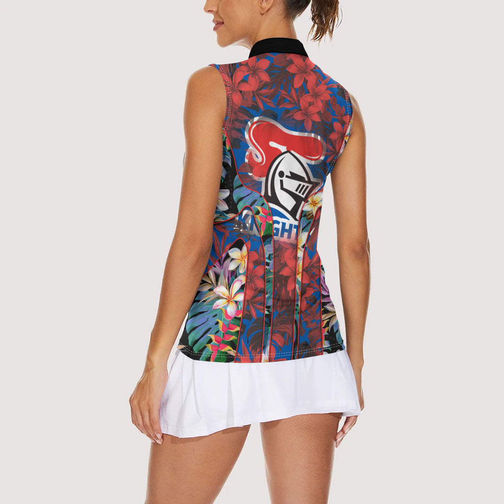 Newcastle Knights Women Sleeveless Polo Shirt Tropical Hibiscus Floral Pattern With Blue And Red Accents