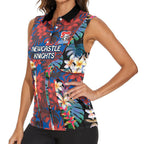 Newcastle Knights Women Sleeveless Polo Shirt Tropical Hibiscus Floral Pattern With Blue And Red Accents