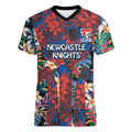 Newcastle Knights Women V-Neck T-Shirt Tropical Hibiscus Floral Pattern With Blue And Red Accents