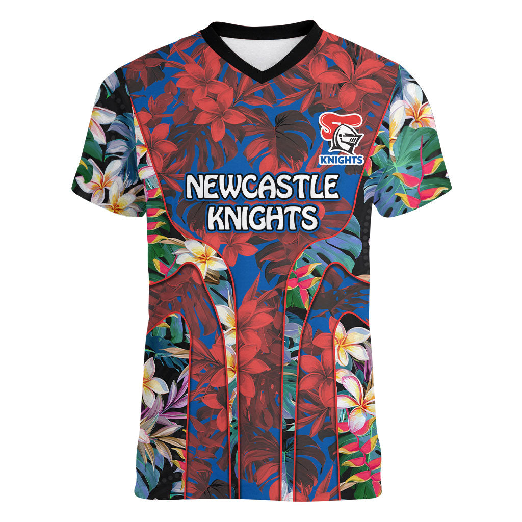 Newcastle Knights Women V-Neck T-Shirt Tropical Hibiscus Floral Pattern With Blue And Red Accents