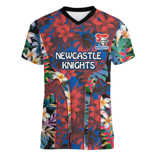 Newcastle Knights Women V-Neck T-Shirt Tropical Hibiscus Floral Pattern With Blue And Red Accents