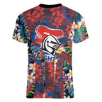 Newcastle Knights Women V-Neck T-Shirt Tropical Hibiscus Floral Pattern With Blue And Red Accents