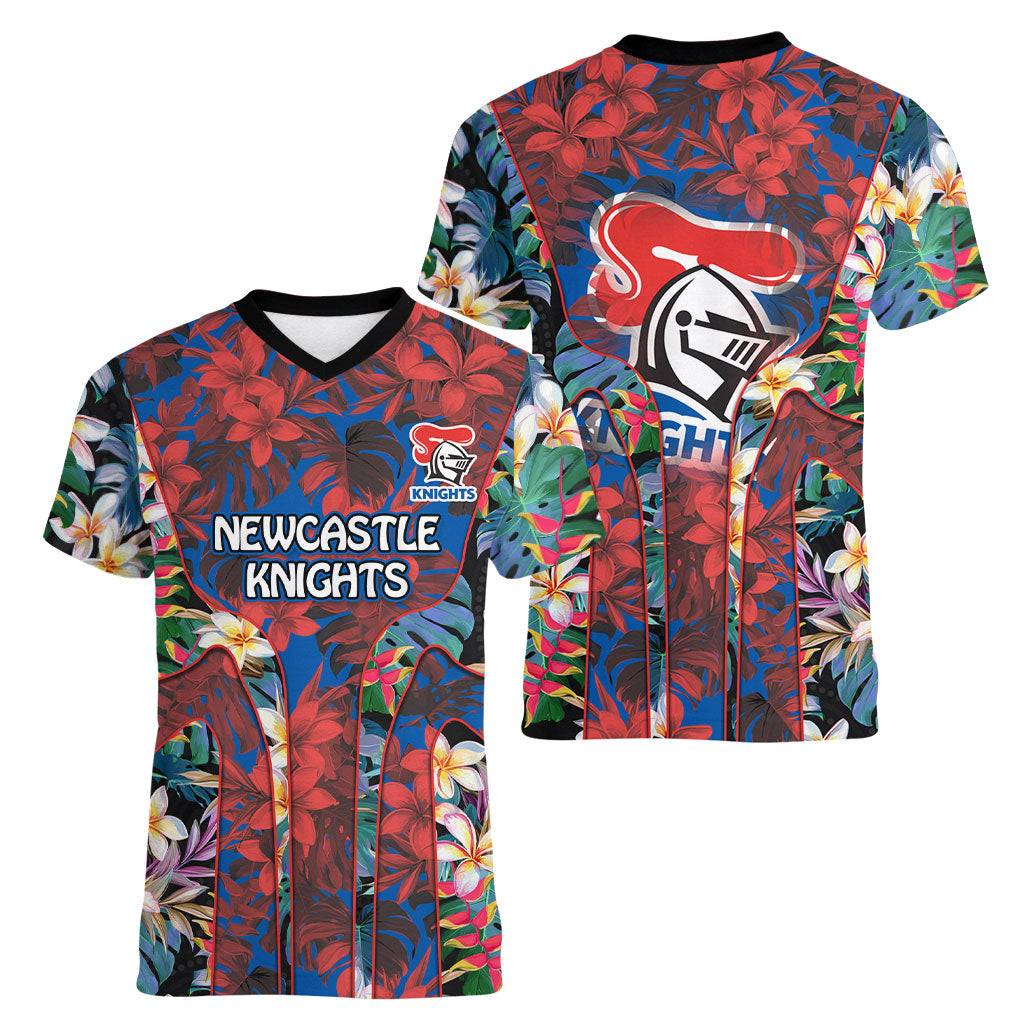Newcastle Knights Women V-Neck T-Shirt Tropical Hibiscus Floral Pattern With Blue And Red Accents