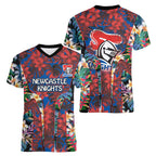 Newcastle Knights Women V-Neck T-Shirt Tropical Hibiscus Floral Pattern With Blue And Red Accents