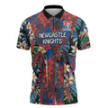 Newcastle Knights Zipper Polo Shirt Tropical Hibiscus Floral Pattern With Blue And Red Accents