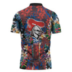 Newcastle Knights Zipper Polo Shirt Tropical Hibiscus Floral Pattern With Blue And Red Accents